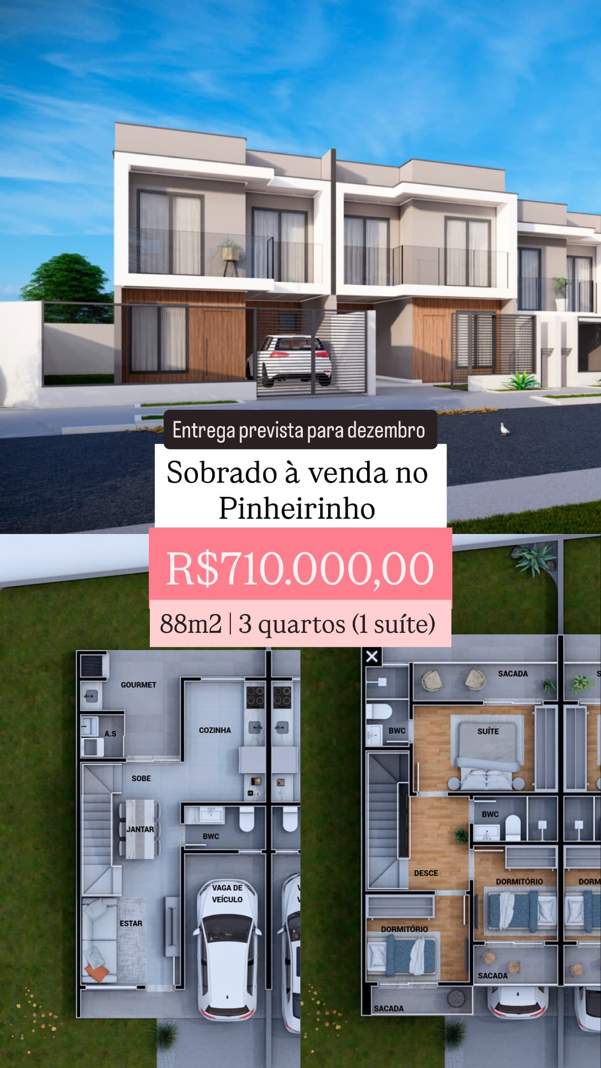 Sobrado de esquina com 3 quartos no Pinheirinho